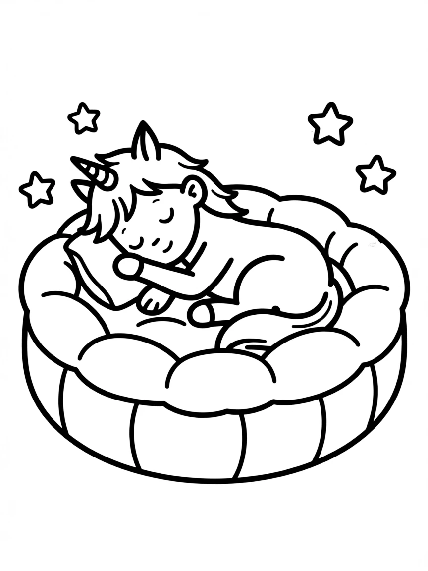 Sleepy centaur in a round bed curled up like a cat