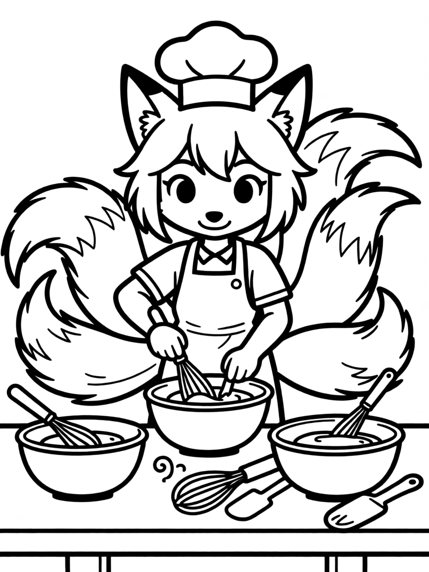 Baker kitsune using tails to mix multiple bowls