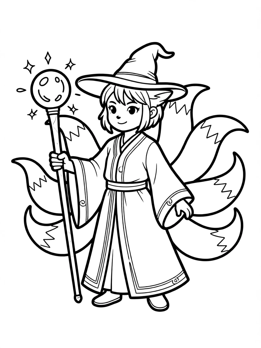 Kitsune wizard casting spell with glowing tail tips