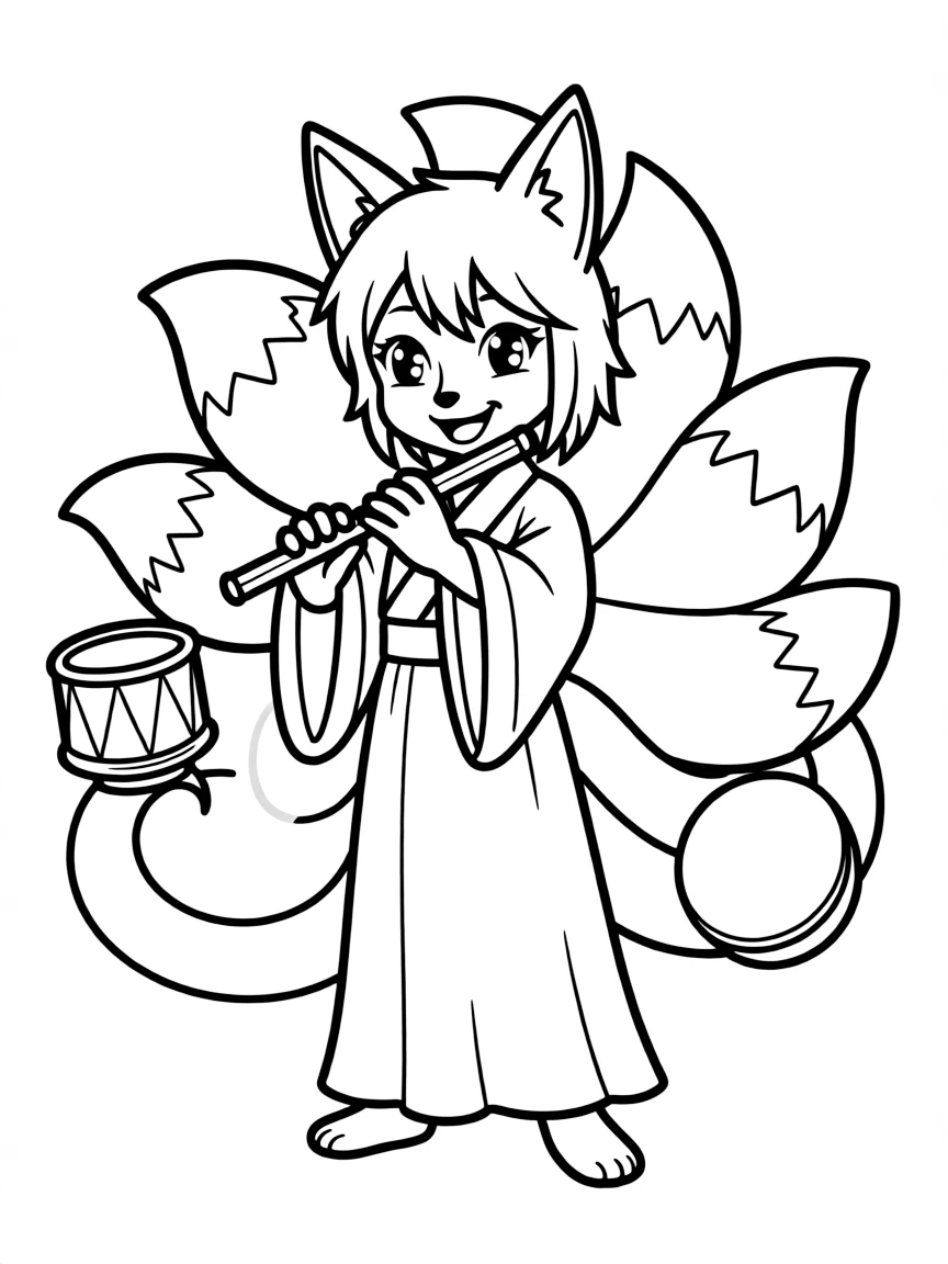 Kitsune musician playing multiple instruments with its tails