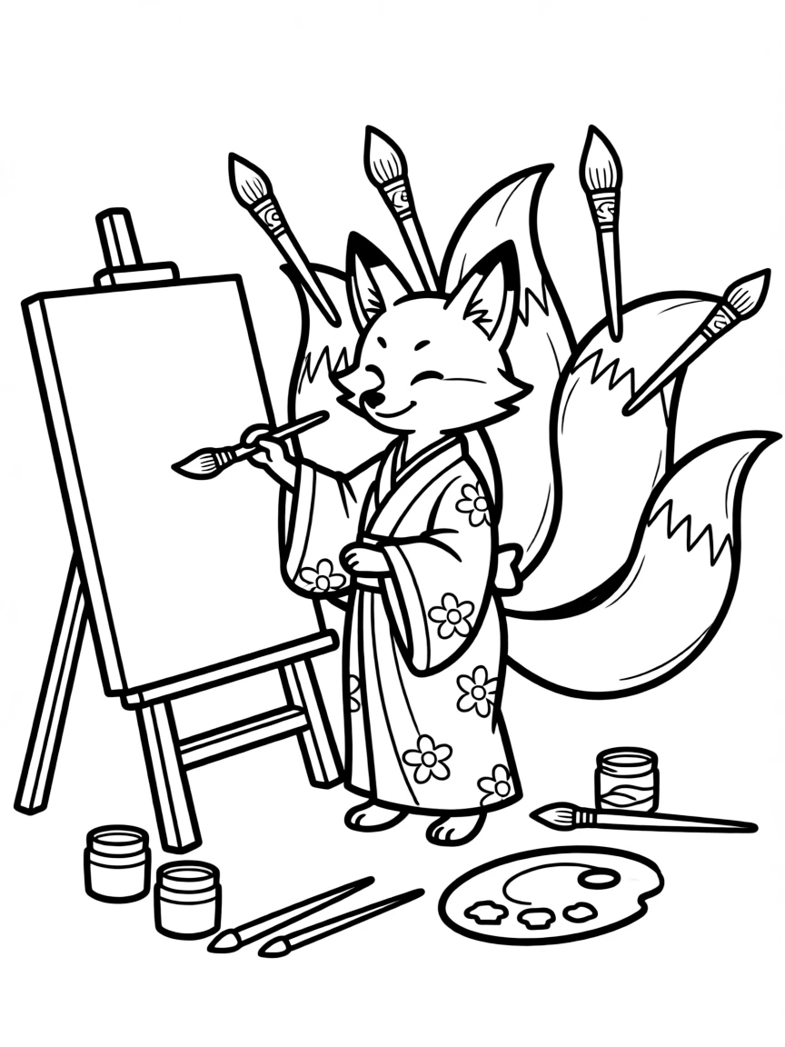 Artist kitsune painting with brushes held by different tails