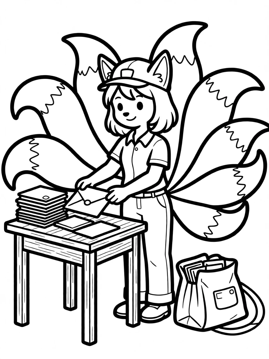 Kitsune mail carrier sorting letters with multiple tails
