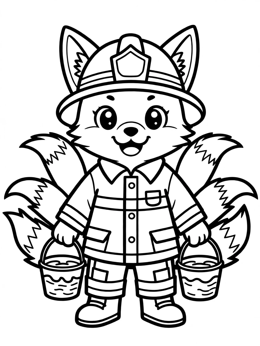 Firefighter kitsune carrying water with each tail