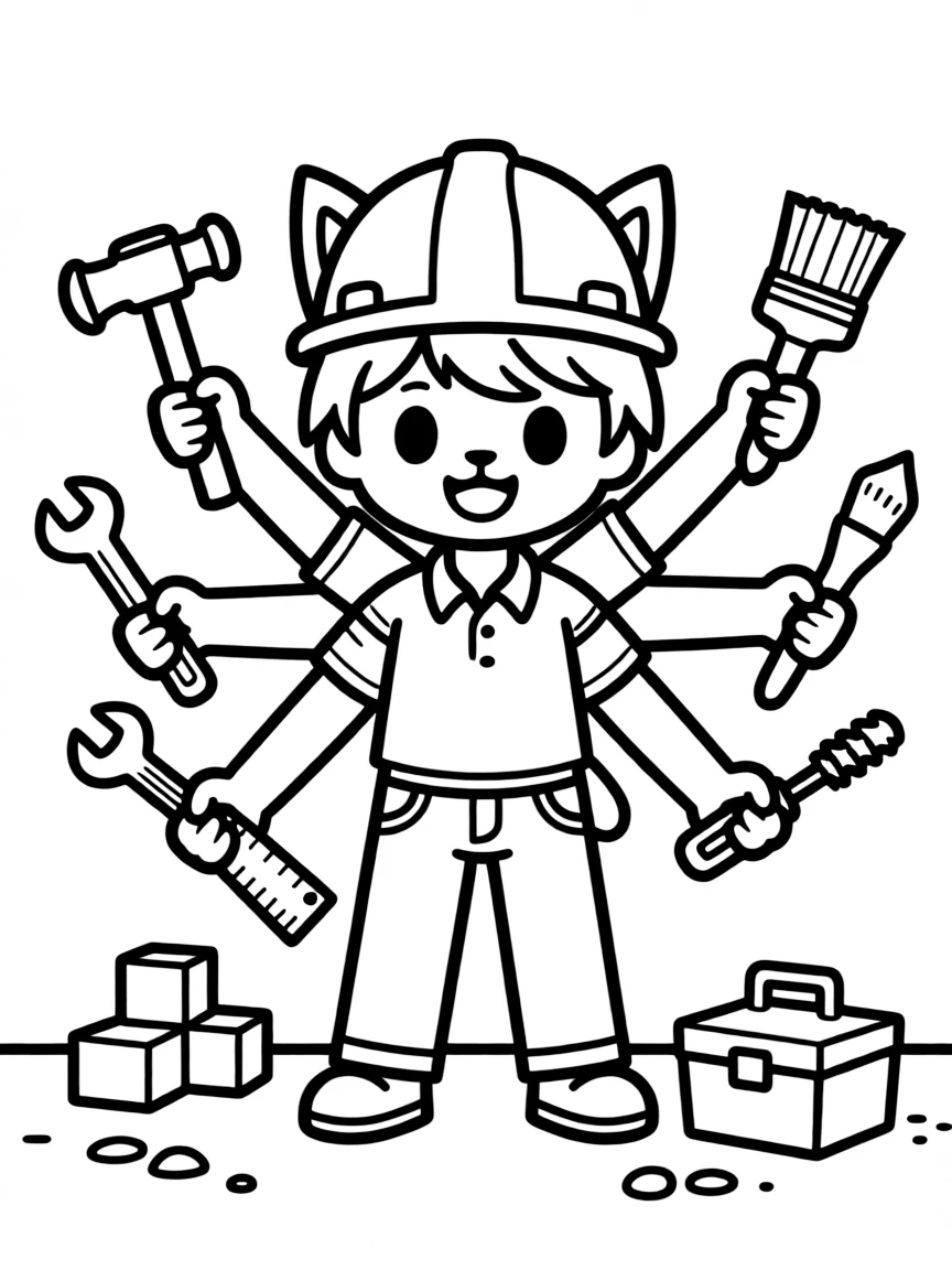 Construction worker kitsune using tails as extra hands