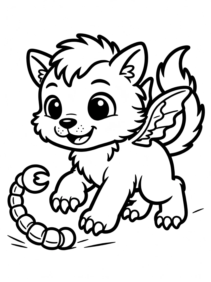 Baby manticore chasing its scorpion tail like a kitten