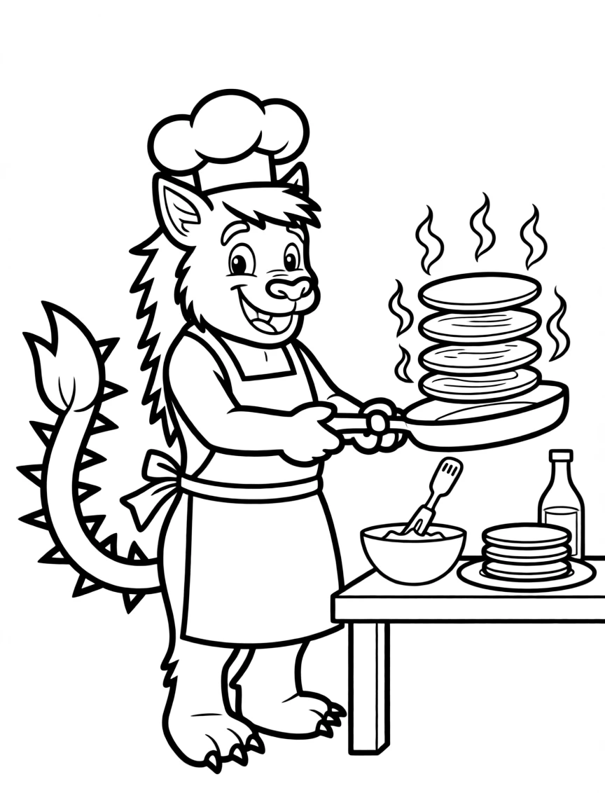 Chef manticore using tail to flip pancakes