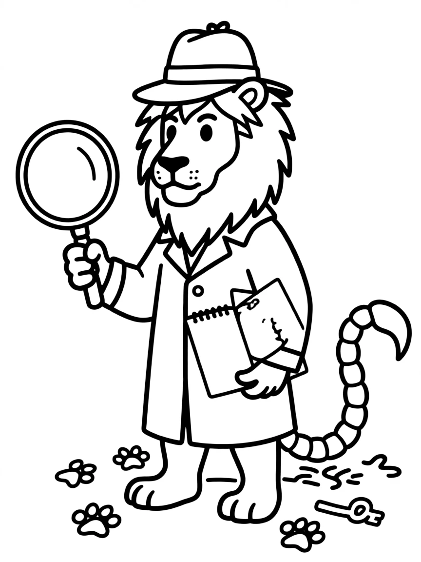 Manticore detective with magnifying glass and notebook