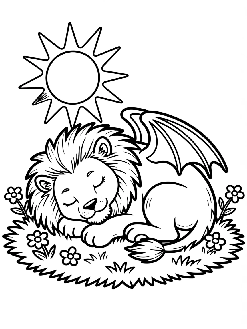 Sleepy manticore curled up in sunshine spot