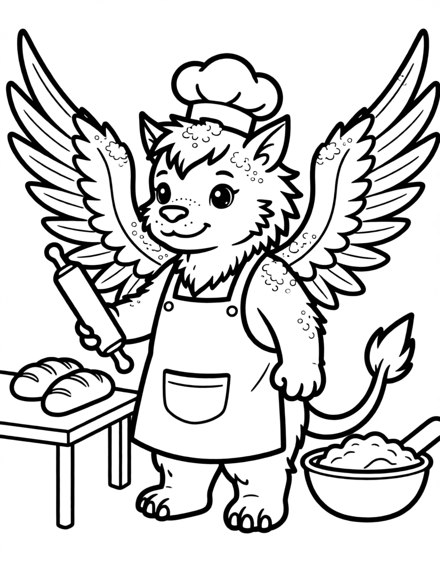 Baker manticore with flour-dusted wings and mane