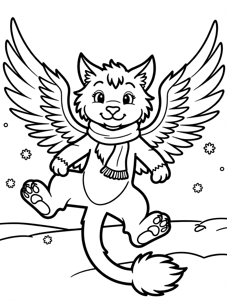 Winter manticore making snow angels with wings spread