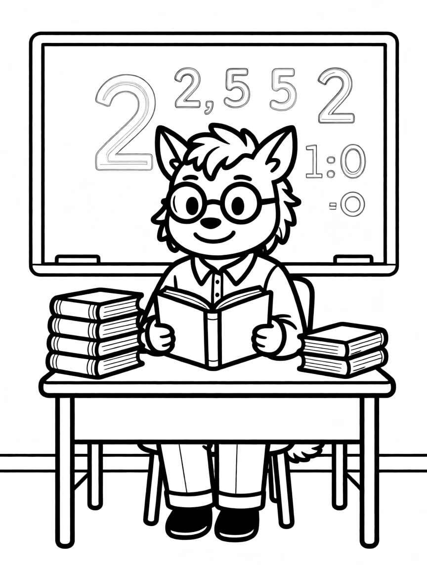 Teacher manticore with reading glasses and books