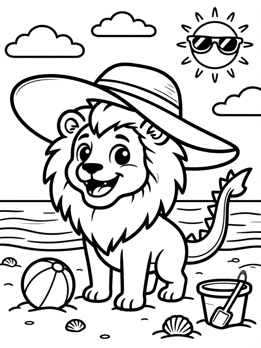 Manticore wearing oversized sun hat at the beach