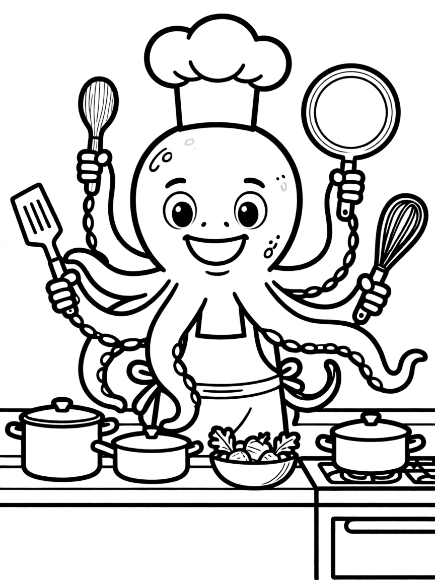 Kraken chef using multiple tentacles to cook dishes
