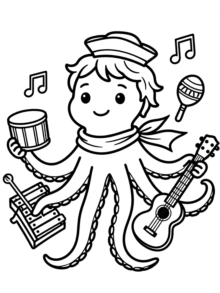 Musician kraken playing octopus-friendly instruments