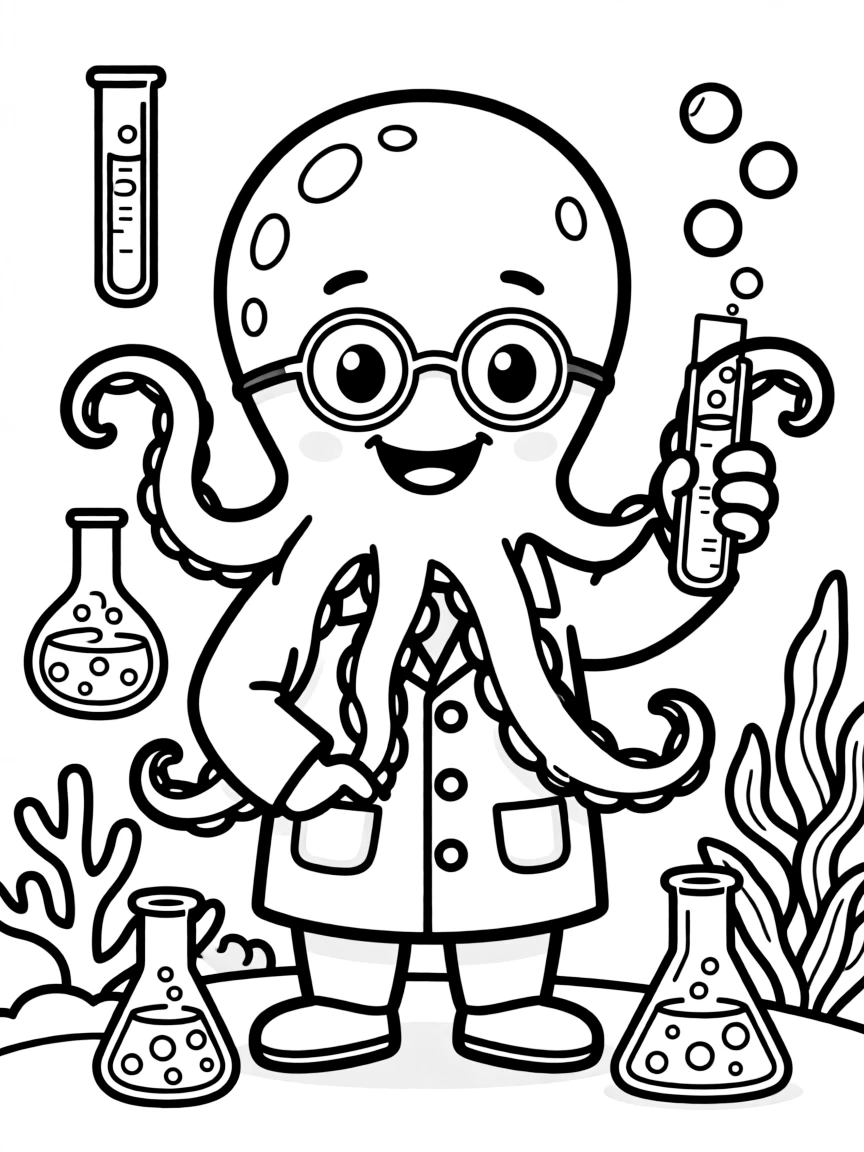 Scientist kraken in lab coat with underwater experiments