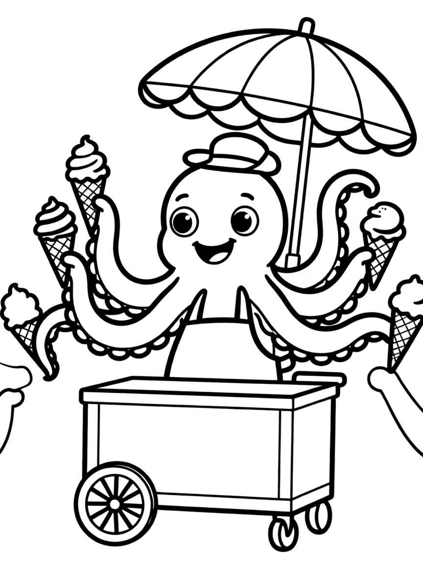 Ice cream vendor kraken serving multiple cones