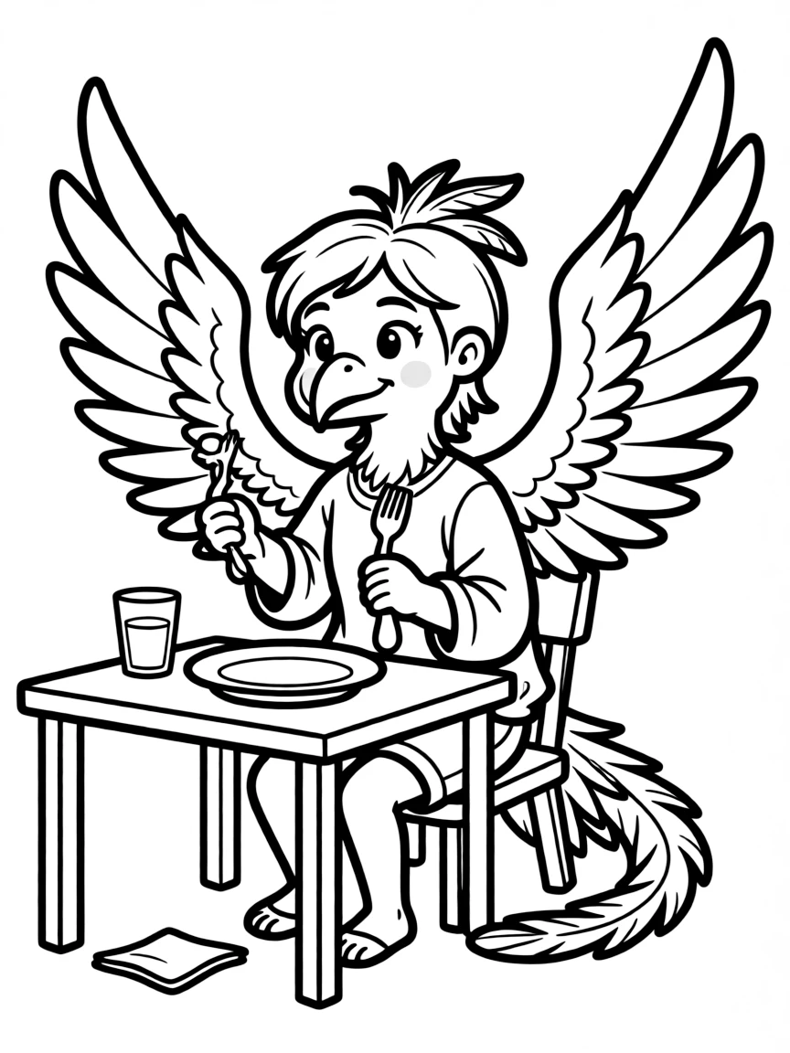 Harpy trying to use human utensils with wing-hands