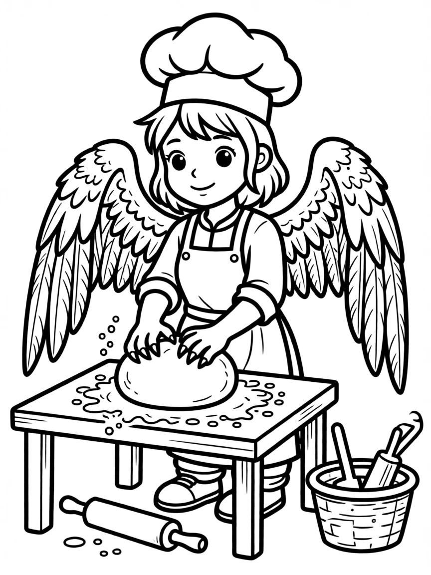 Baker harpy with flour-dusted feathers kneading dough