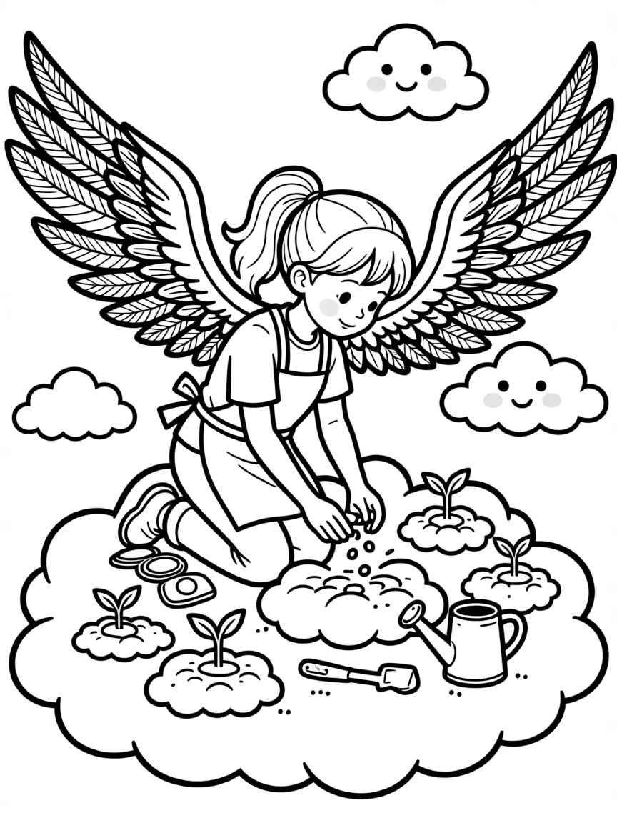 Gardener harpy planting seeds in cloud garden