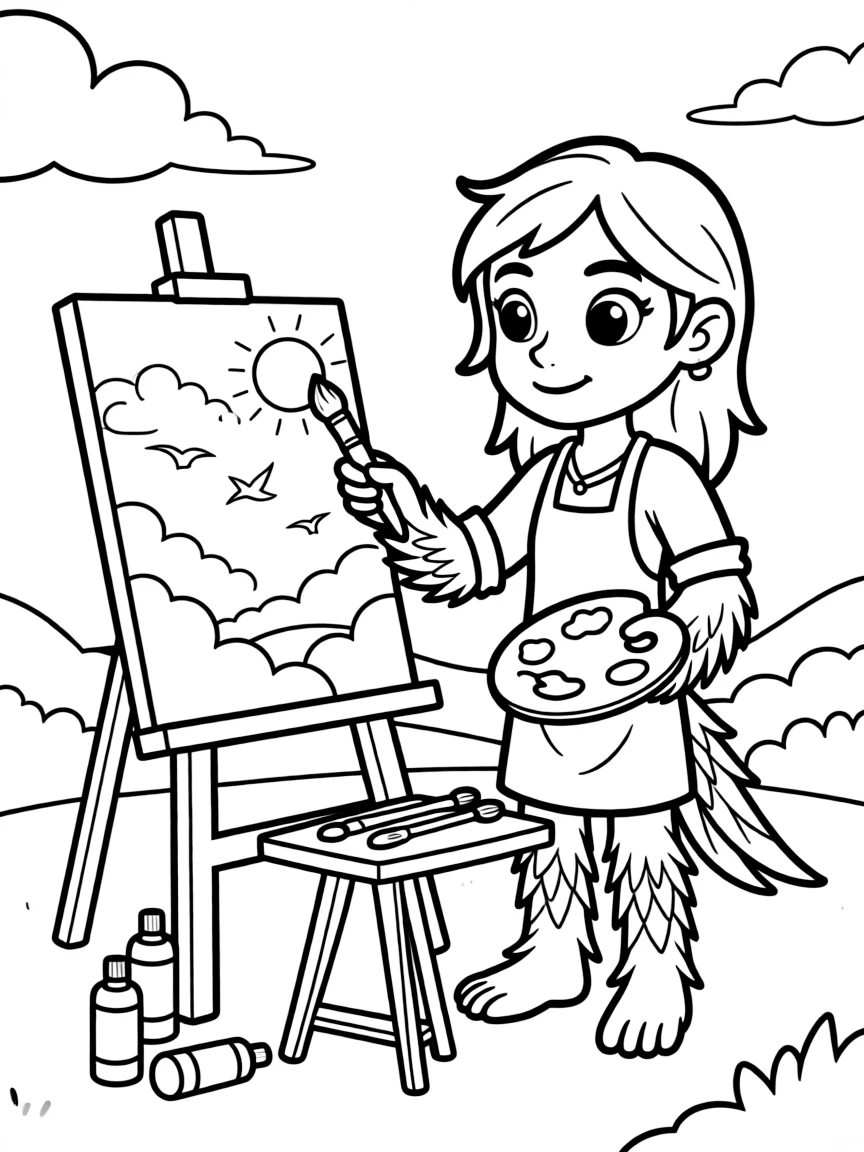 Artist harpy painting sky landscapes on canvas