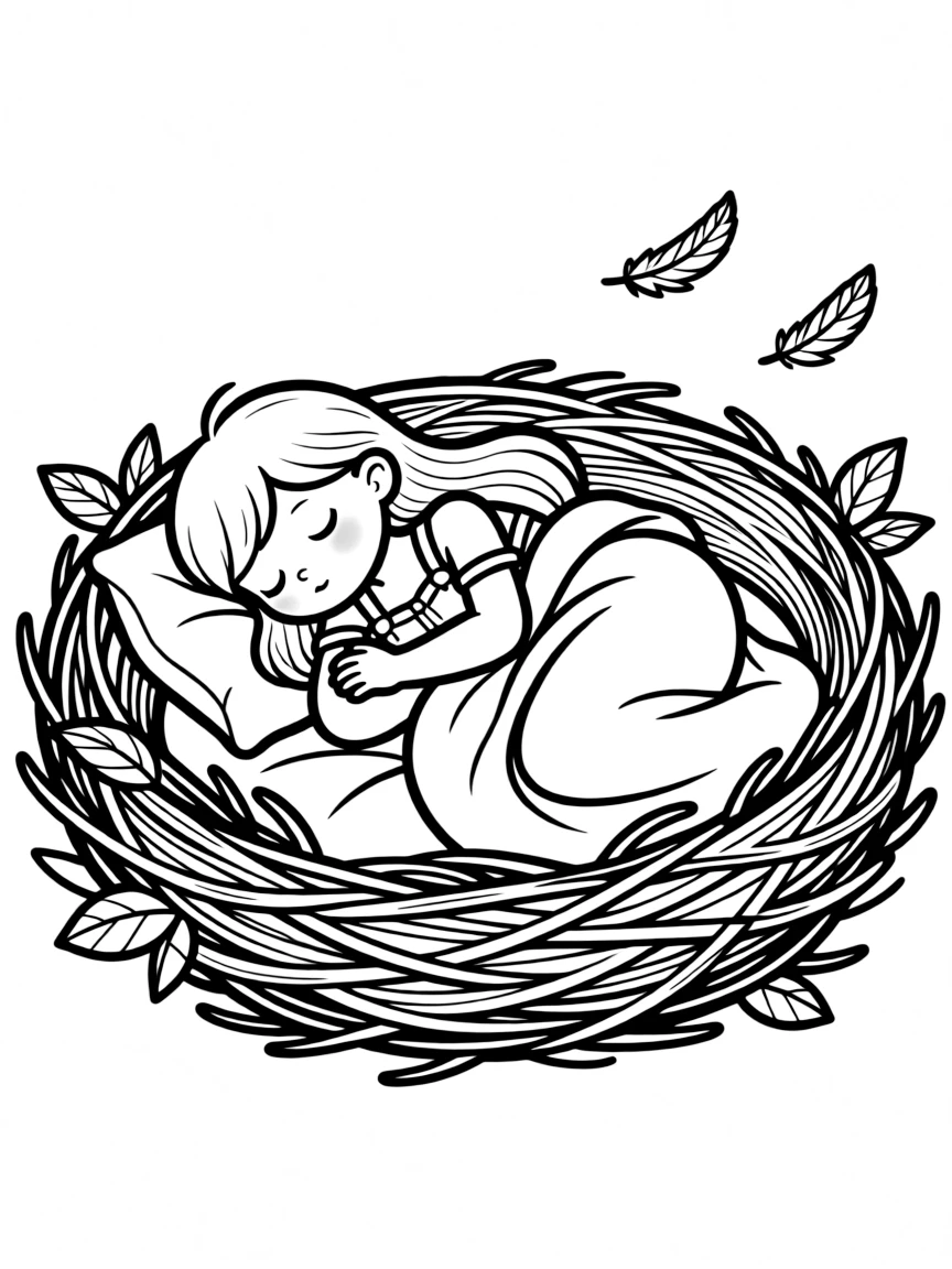 Sleepy harpy in nest-shaped bed with blanket