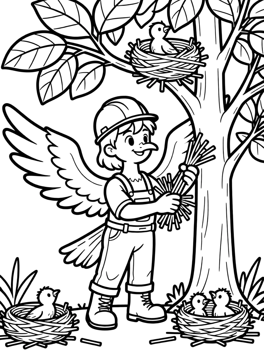 Construction worker harpy building nests in trees