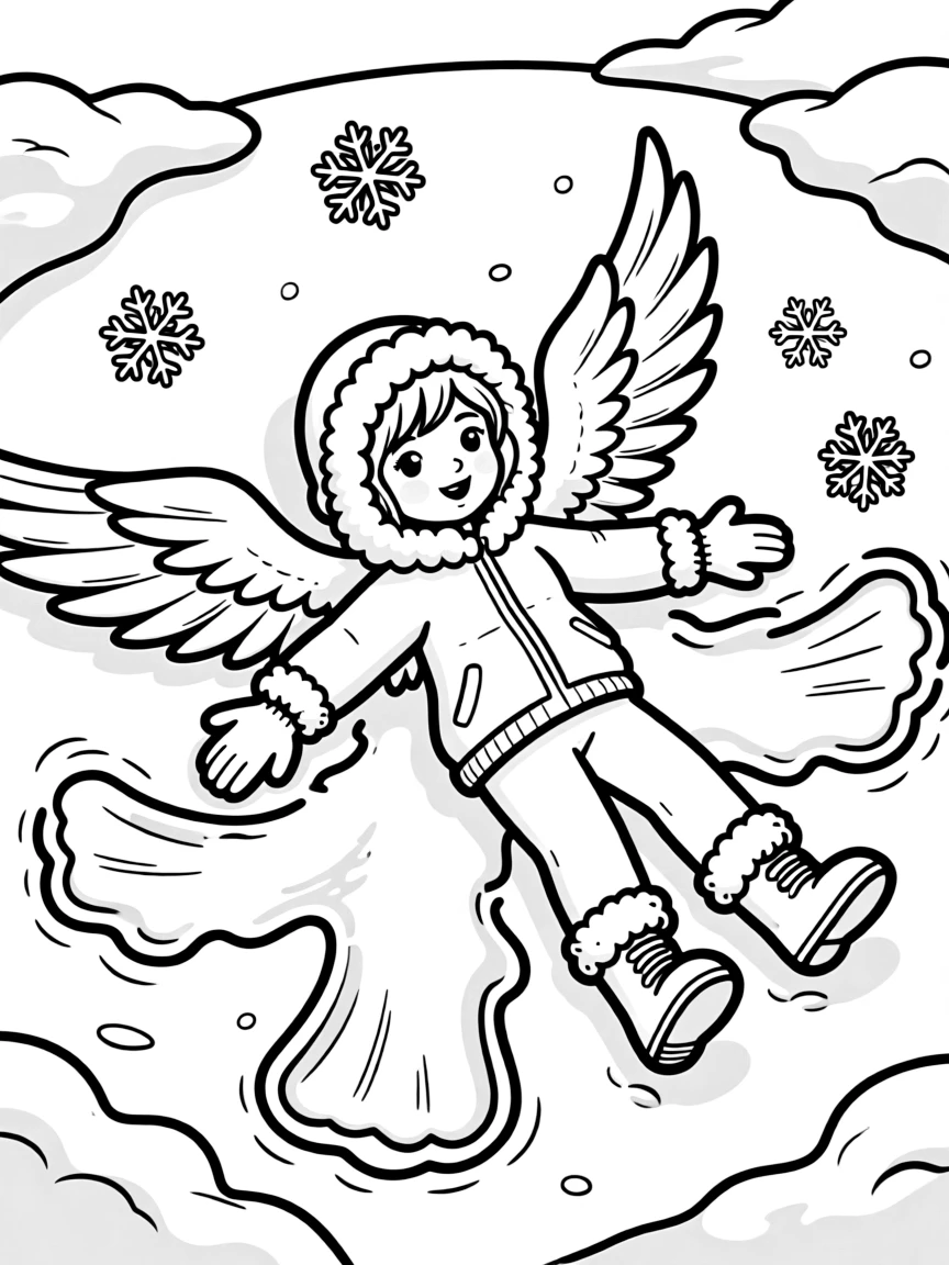 Winter harpy making snow angels with wings