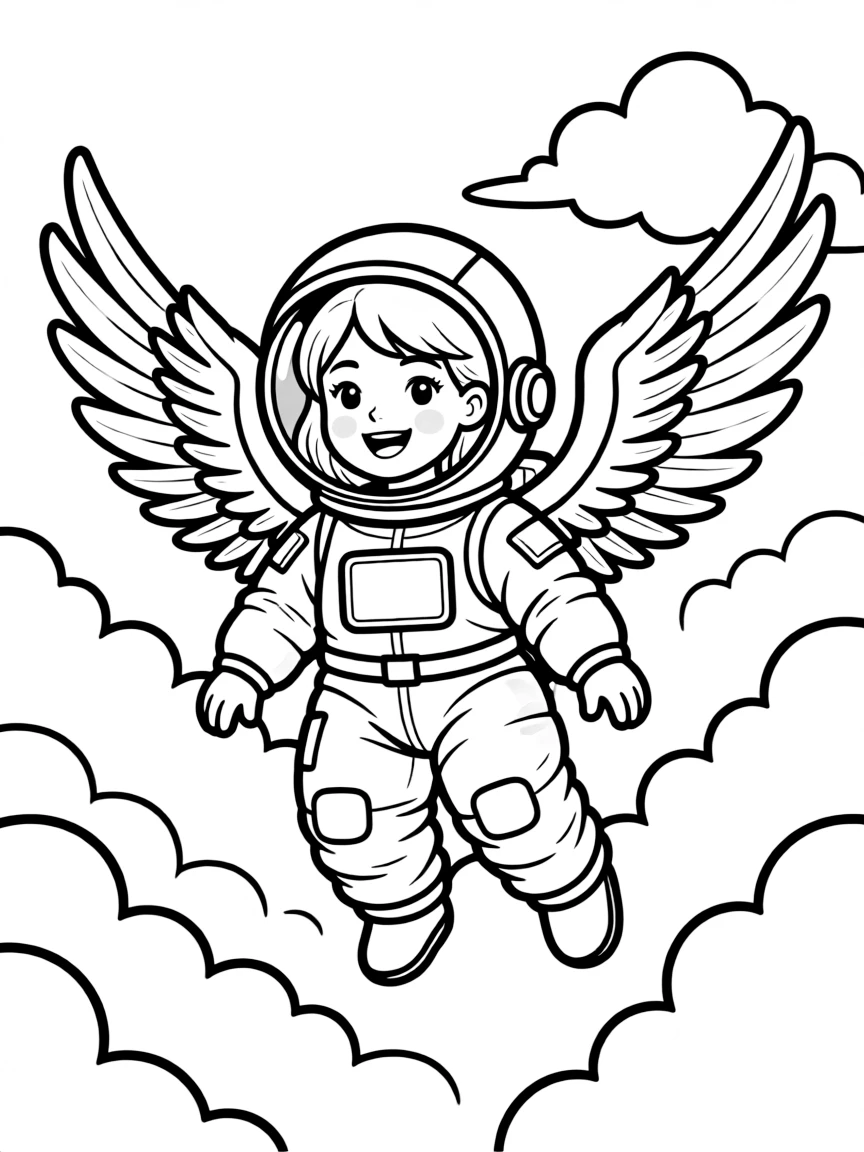 Astronaut harpy floating among clouds with helmet