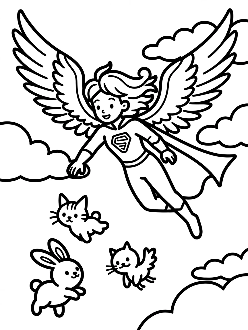 Superhero harpy with flowing cape saving falling creatures