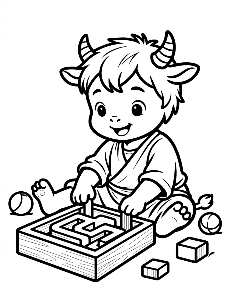 Baby minotaur with tiny horns playing with toy maze
