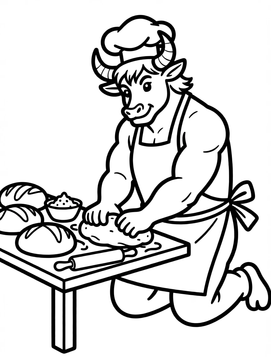 Baker minotaur kneading bread dough with powerful hands