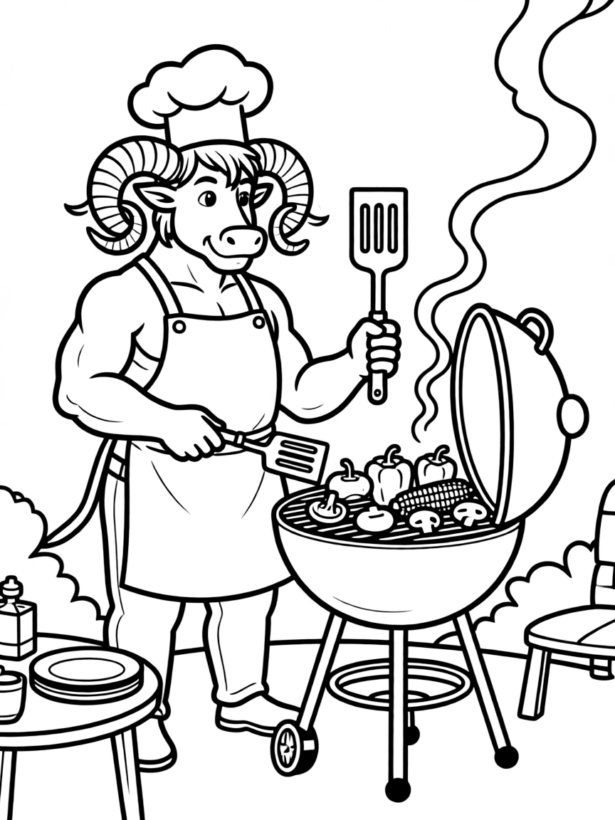 Chef minotaur grilling veggies on outdoor barbecue