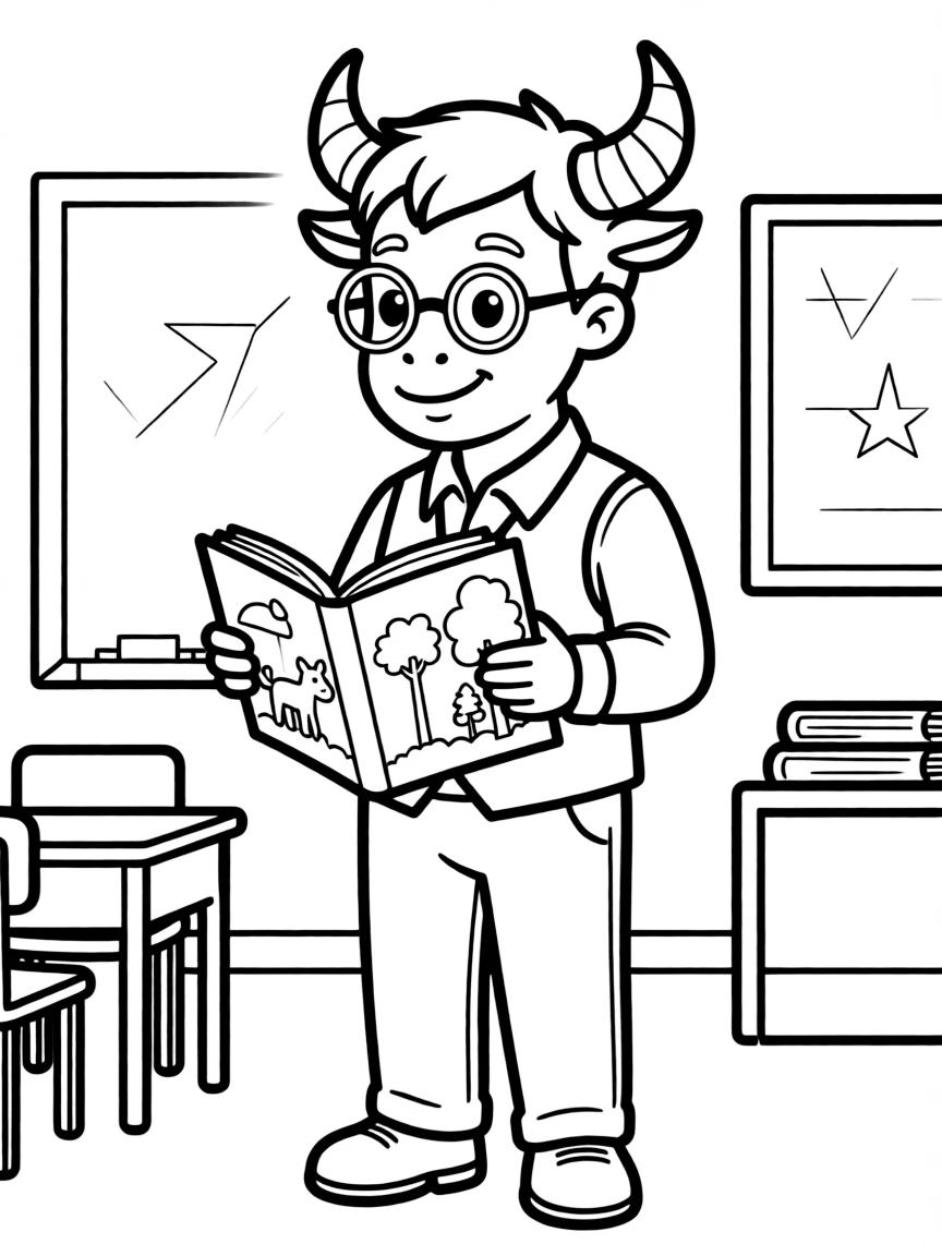 Minotaur teacher with reading glasses and picture book