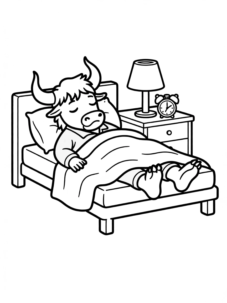 Sleepy minotaur in too-small bed with feet hanging off