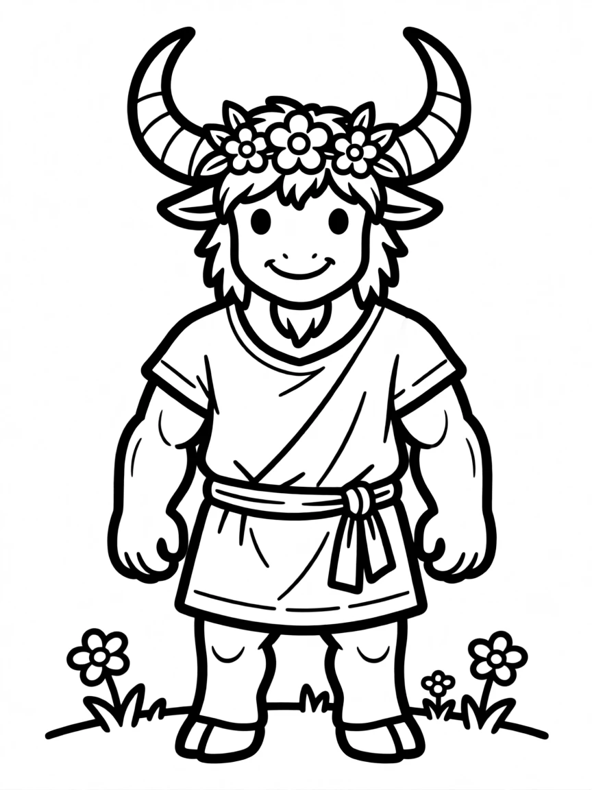 Minotaur wearing flower crown between horns