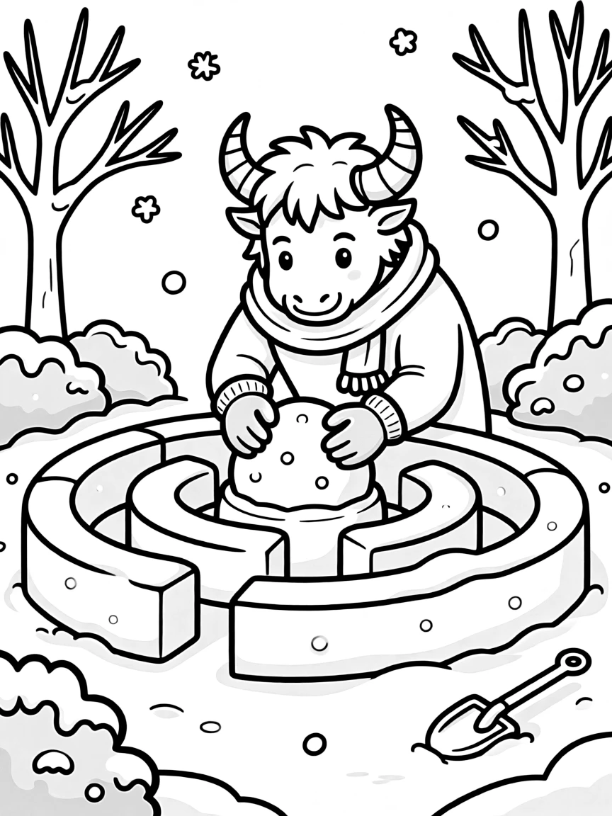 Winter minotaur building snow maze in garden