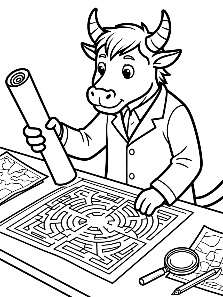 Scientist minotaur studying maze patterns and maps