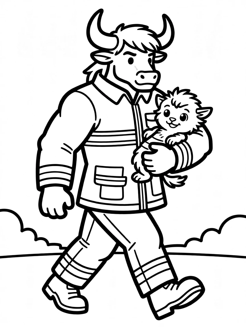 Firefighter minotaur carrying tiny creature to safety