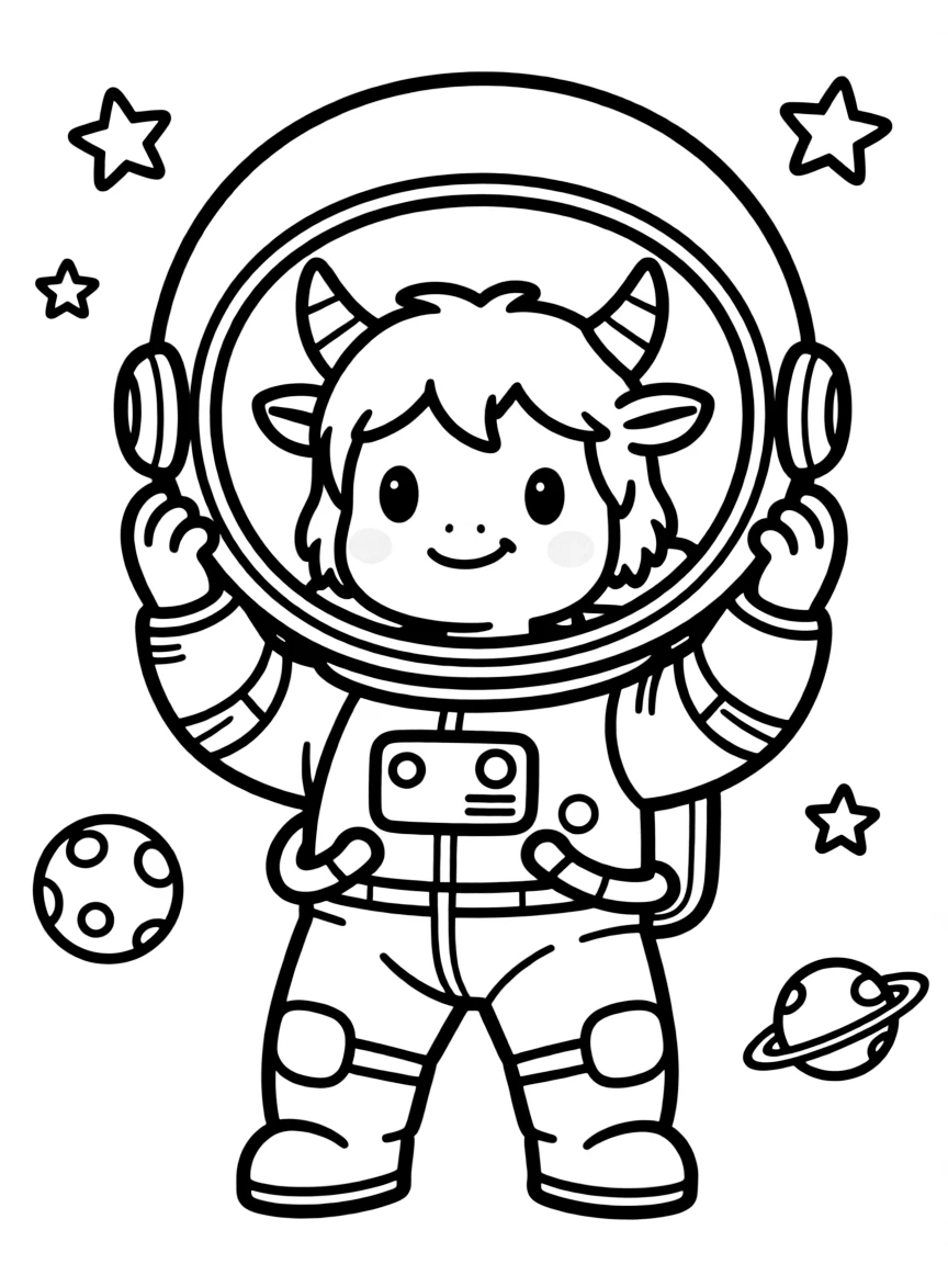 Astronaut minotaur trying to fit horns in space helmet