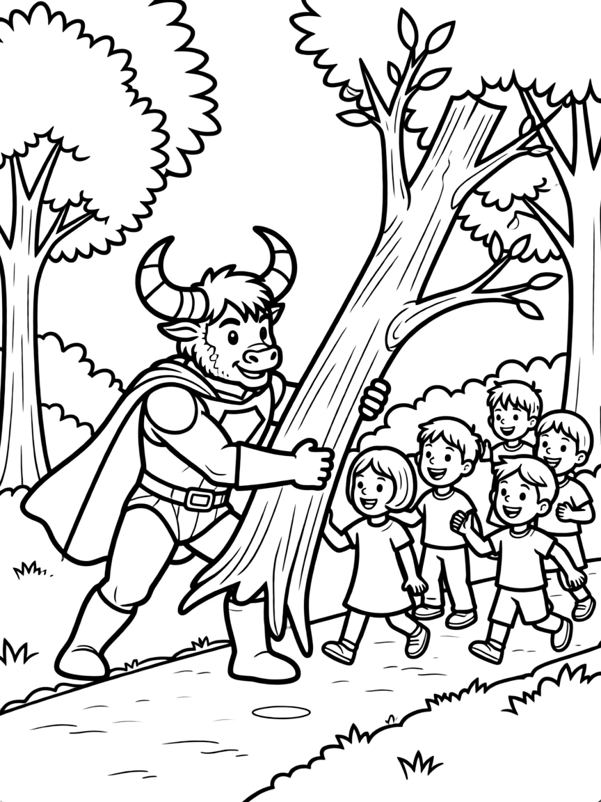 Superhero minotaur using strength to help others