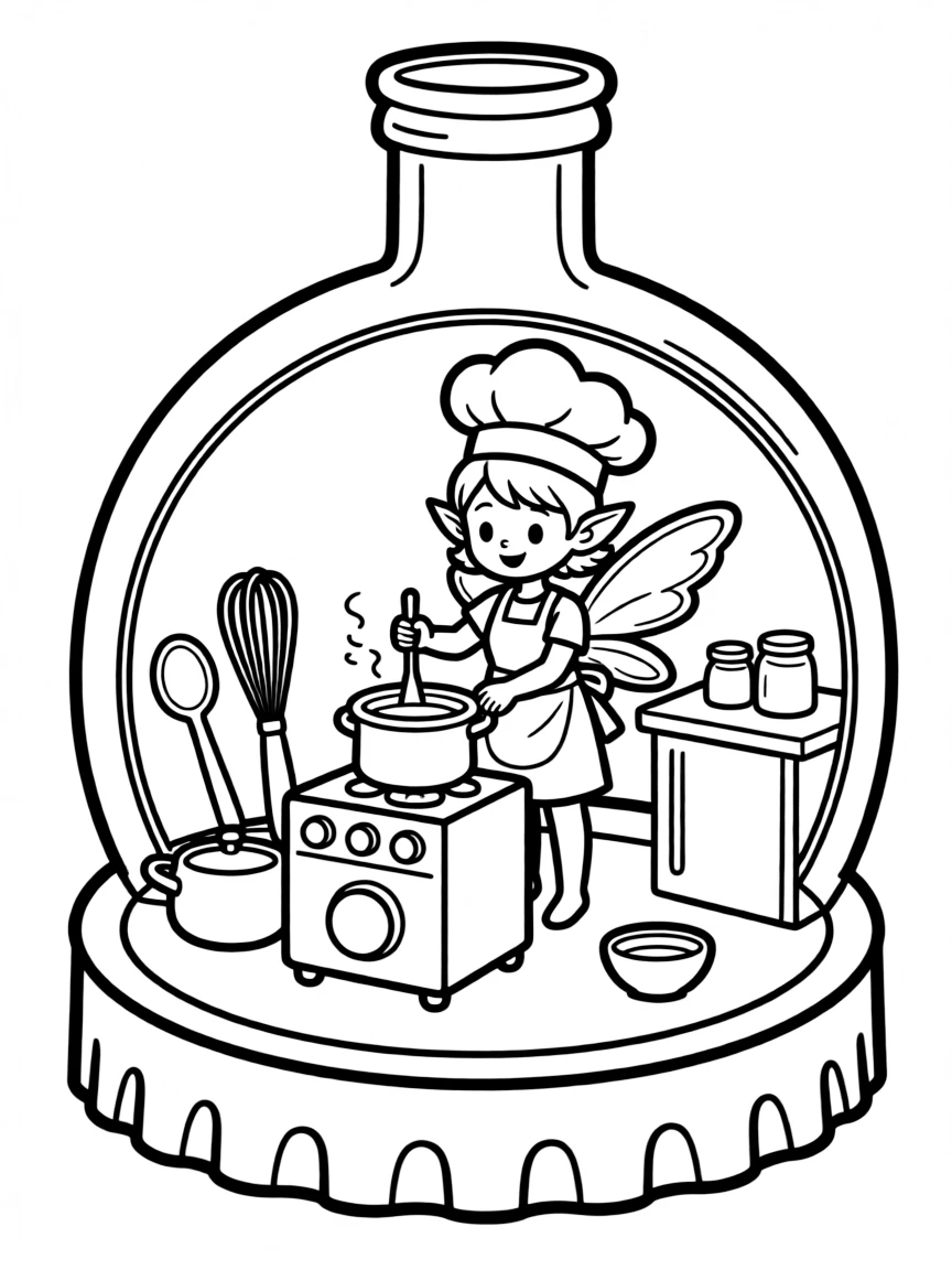 Chef pixie cooking in bottlecap kitchen