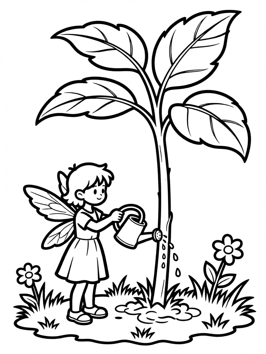 Gardener pixie watering seedling bigger than itself