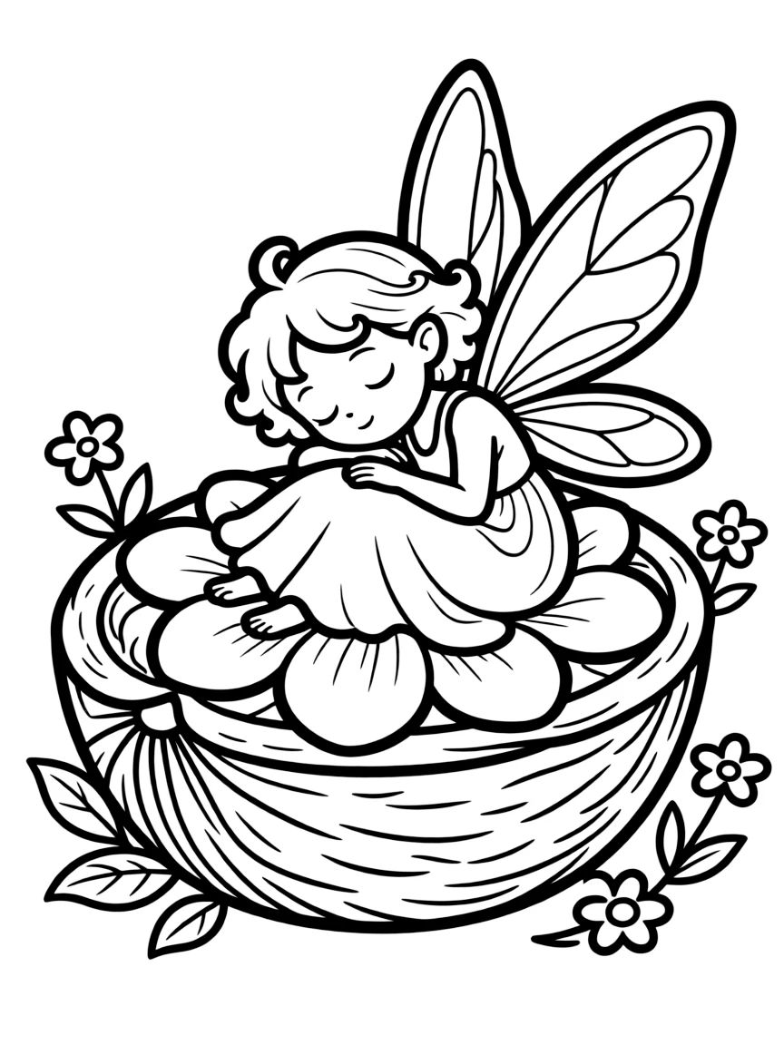 Sleepy pixie in walnut shell bed with petal blanket