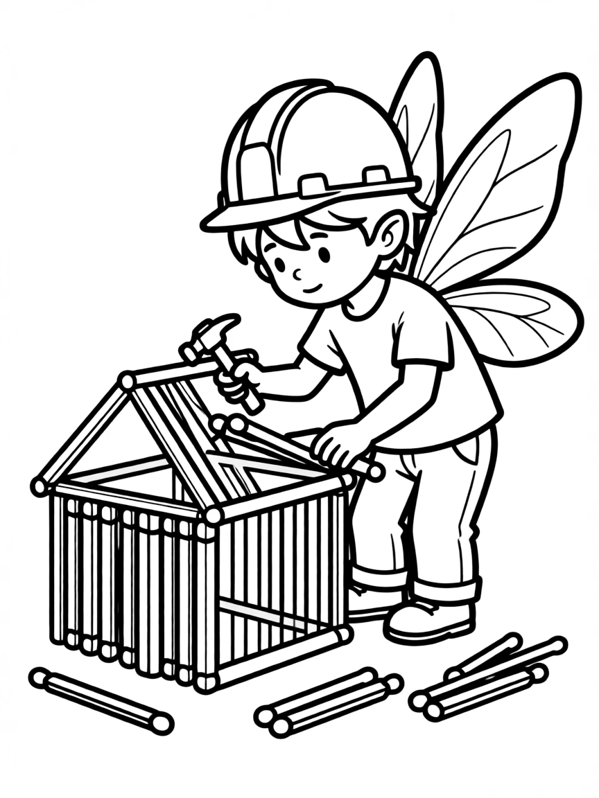 Construction worker pixie building matchstick house