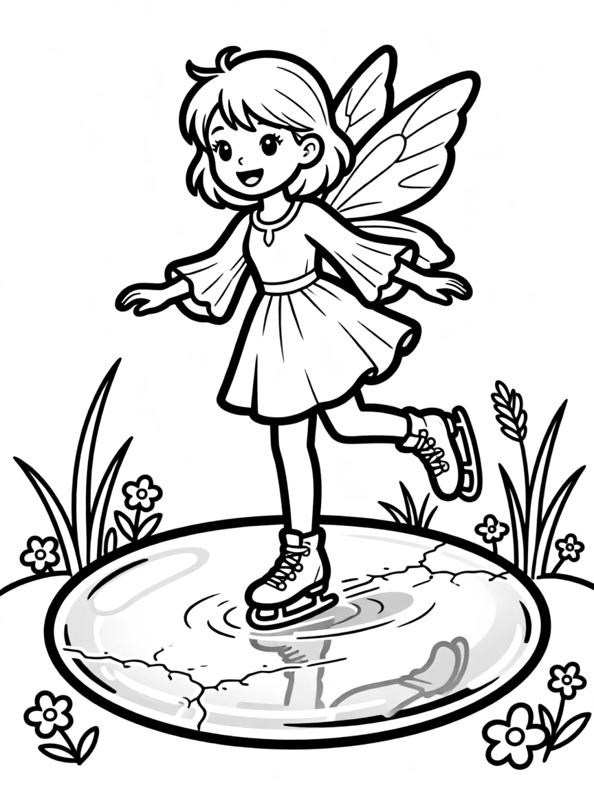 Winter pixie ice skating on frozen dewdrop