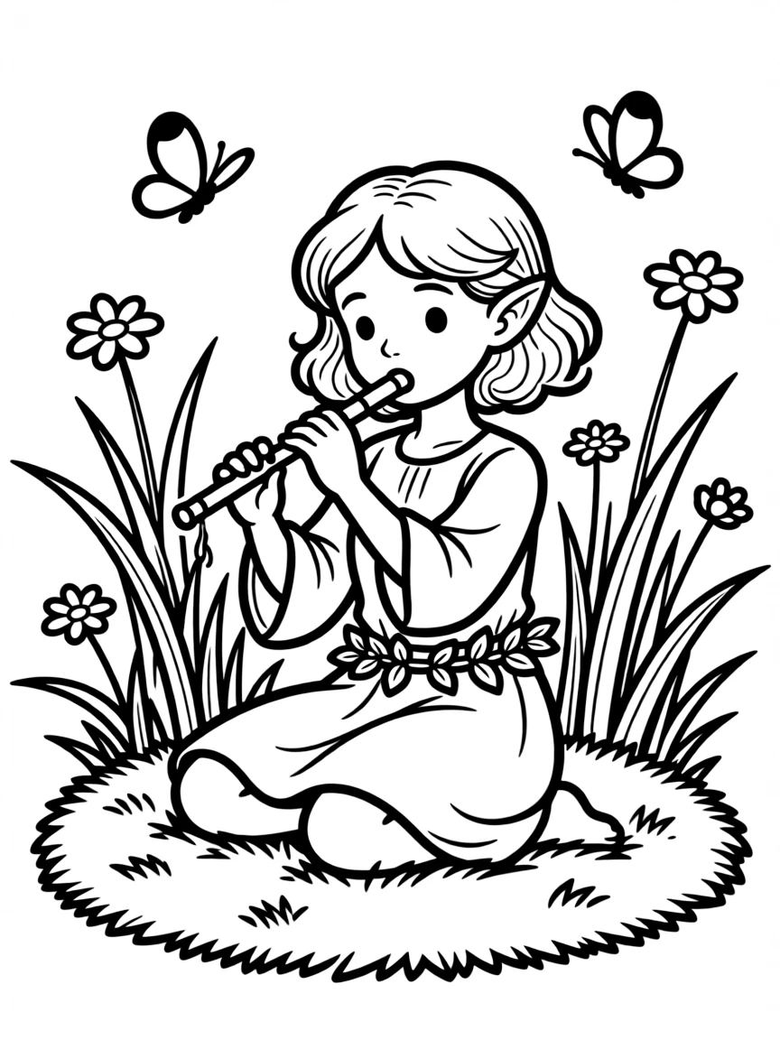 Pixie musician playing music on grass-reed flute