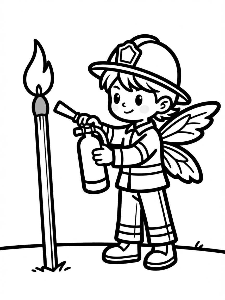 Firefighter pixie putting out matchstick fire