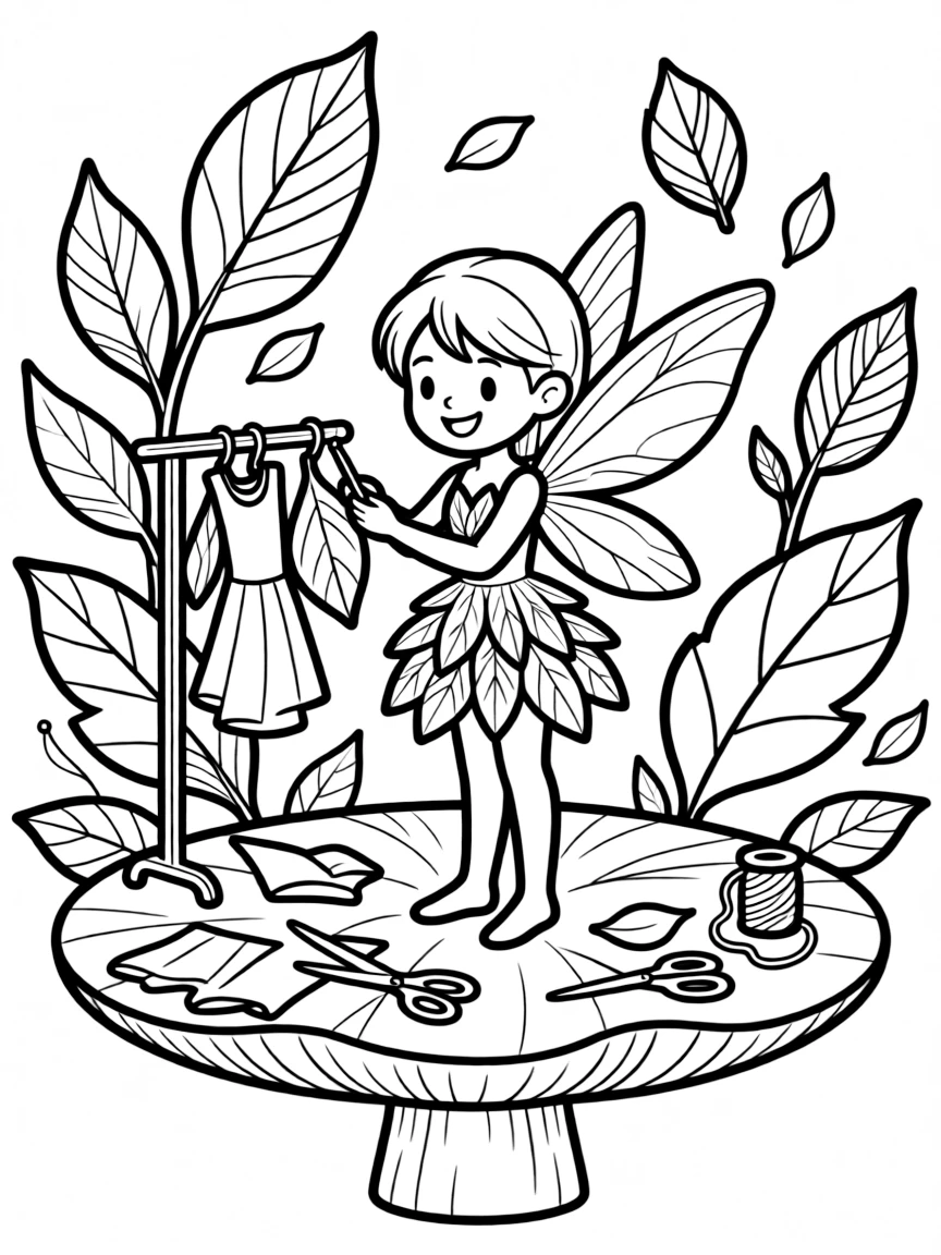 Fashion designer pixie creating leaf and petal outfits