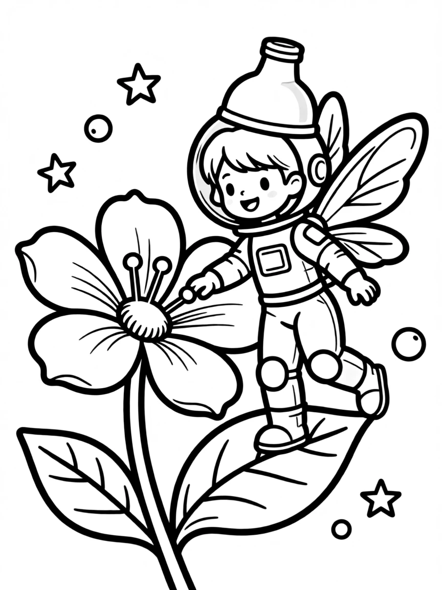 Astronaut pixie with bottle cap helmet exploring flower