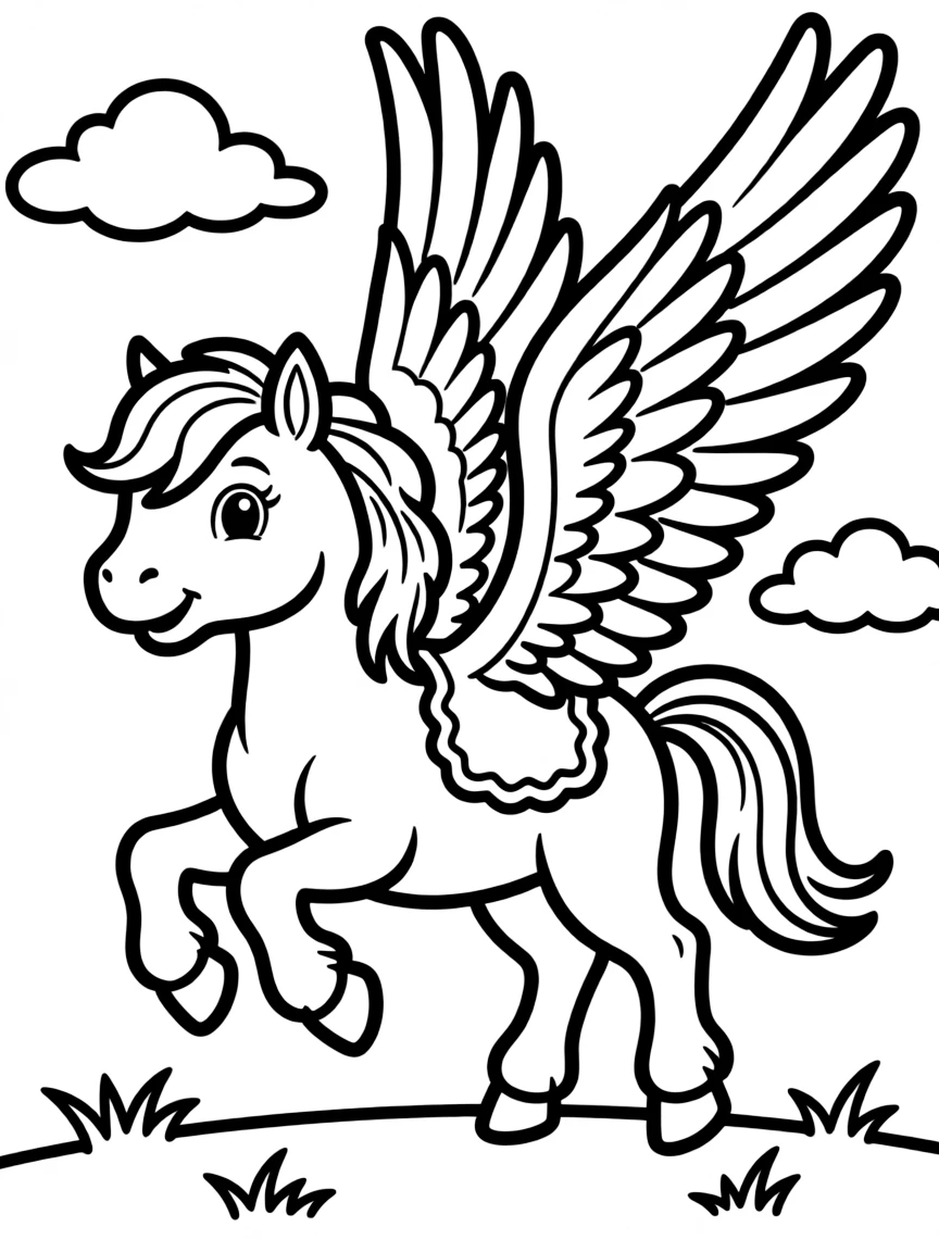Baby pegasus with oversized wings learning to fly